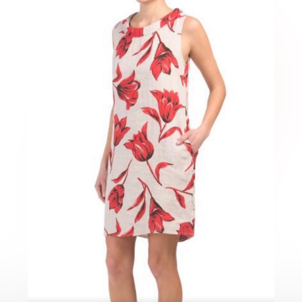 NWT Lina Tomei Linen Dress-Sz M-Beige and Red Floral Print-Wider Folded Collar - Picture 16 of 16